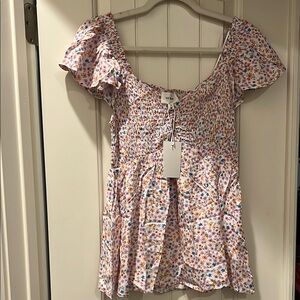 Heyson Pink and White Flutter Sleeve‎ Smocked Blouse Size M